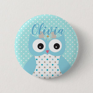 Niedlich Dotty Blue Owl Art Personalisiert Girls Button