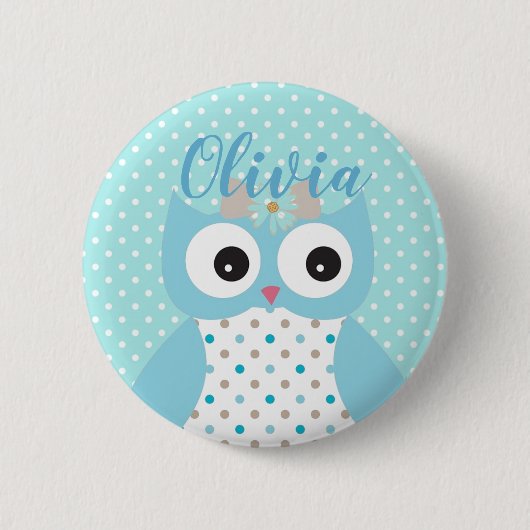 Niedlich Dotty Blue Owl Art Personalisiert Girls Button (Vorderseite)