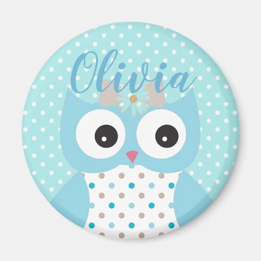 Niedlich Dotty Blue Owl Art Personalisiert Girls Magnet (Vorne)