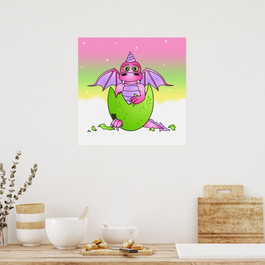 Niedlich Dragon Baby in Cracked Egg - Rosa / Lila Poster (Küche)