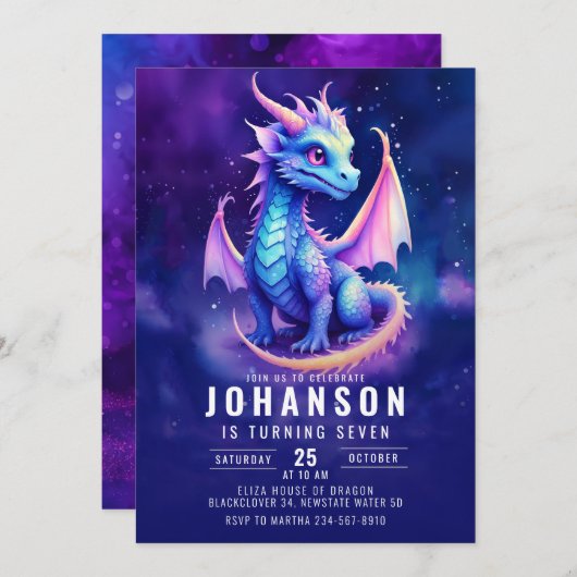 Niedlich Dragon Fantasy Dark Blue Birthday Party Einladung (Vorne/Hinten)