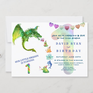 Niedlich Dragon Monsters Baby Foto 1. Geburtstag Einladung