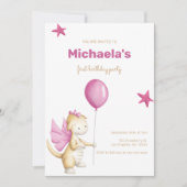 Niedlich Dragon Pink Girl Erster Geburtstag Einladung (Vorderseite)