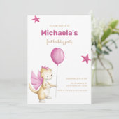Niedlich Dragon Pink Girl Erster Geburtstag Einladung (Stehend Vorderseite)