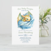 Niedlich Dragon Sage Green Blue Baby Boy Dusche Einladung (Stehend Vorderseite)