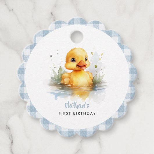 Niedlich Duck Gingham First Birthday Geschenkanhänger (Vorderseite)