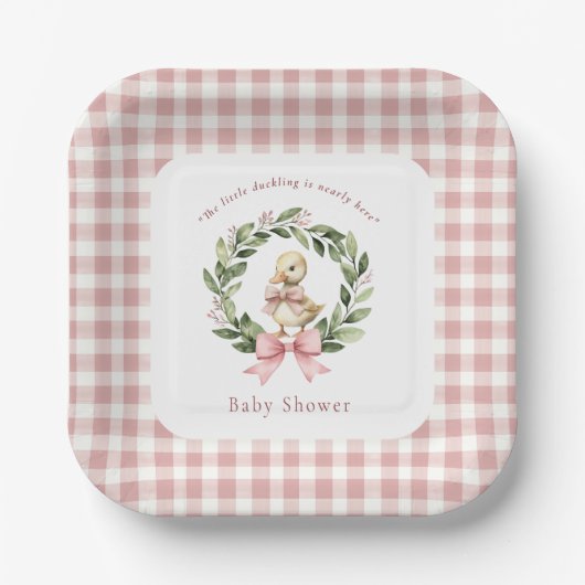 Niedlich Duckling Pink Gingham Baby Dusche Teller (Vorderseite)