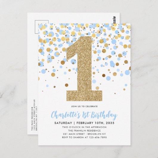 Niedlich Dusty Blue Gold Glitzer Confetti 1. Gebur Postkarte (Vorne/Hinten)