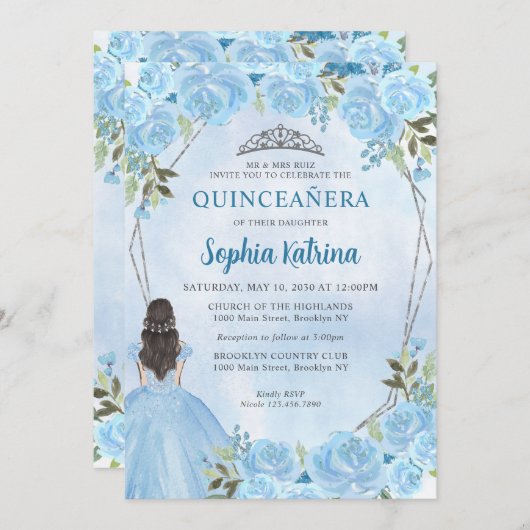 Niedlich Dusty Blue Silver Floral Prinzessin Quinc Einladung (Vorne/Hinten)