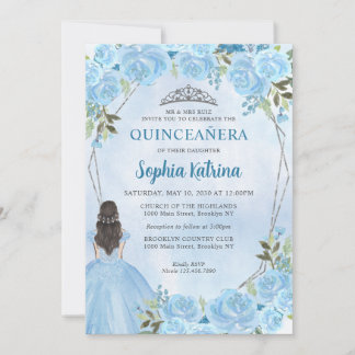 Niedlich Dusty Blue Silver Floral Prinzessin Quinc Einladung
