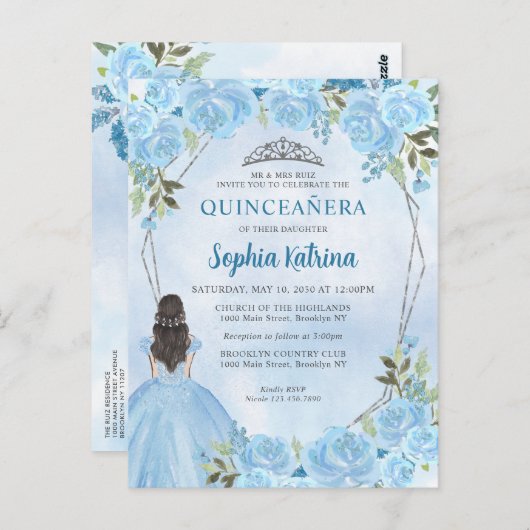 Niedlich Dusty Blue Silver Floral Prinzessin Quinc Postkarte (Vorne/Hinten)