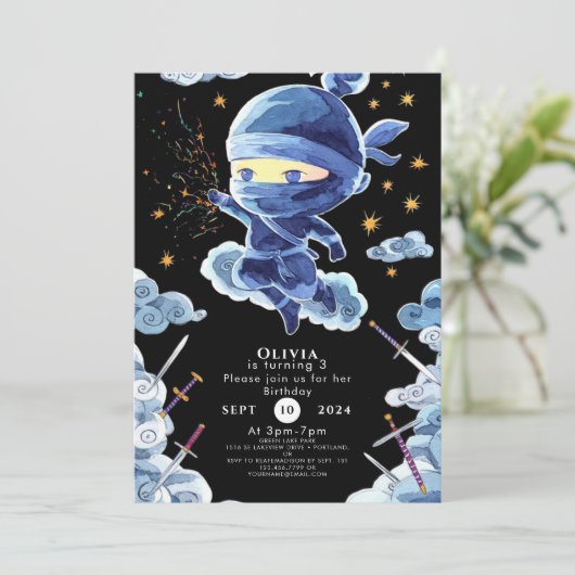 Niedlich Editable Ninja Birthday Einladung (Stehend Vorderseite)