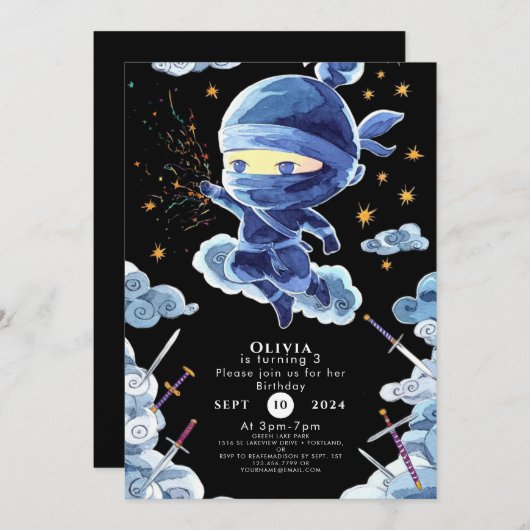 Niedlich Editable Ninja Birthday Einladung (Vorne/Hinten)