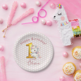 Niedlich Einhorn 1. Geburtstag mit weißen Polka-Pu Pappteller