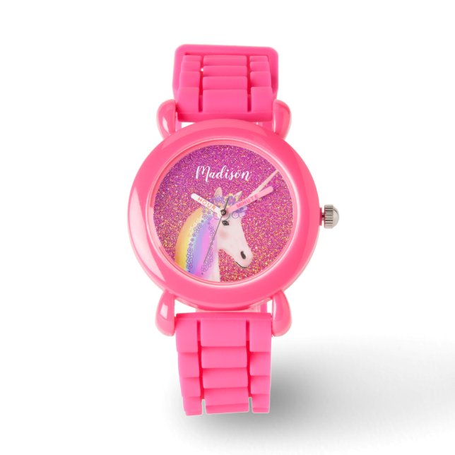 Niedlich Einhorn Rosa Glitzer Personalisiert Kid's Armbanduhr (Vorderseite)