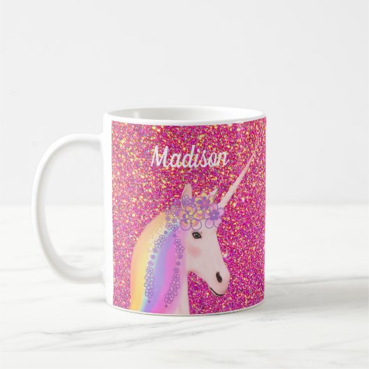 Niedlich Einhorn Rosa Glitzer Personalisiert Kinde Kaffeetasse (Links)