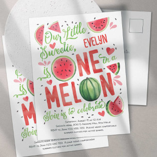 Niedlich eins in einem Melon, Baby Girl Sommer 1. Einladungspostkarte