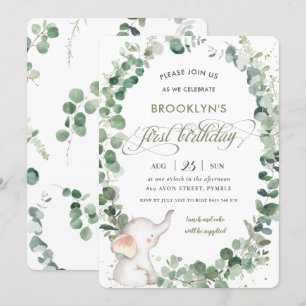 Niedlich Elefant Chic Greenery 1. Geburtstag Einladung