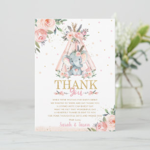 Niedlich Elefant Floral Boho Tribal Girl Babydusch Dankeskarte