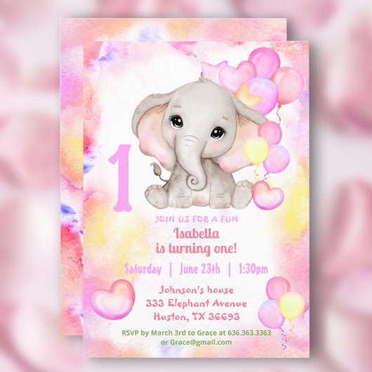 Niedlich Elefant Summer Colorful Girl 1. Geburtsta Einladung