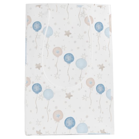Niedlich Elegant Blue Ivory Balloons Boy Baby Mittlere Geschenktüte (Vorderseite)