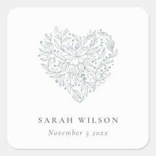 Niedlich Elegant Chic Minimal Dunstig Blau Floral  Quadratischer Aufkleber