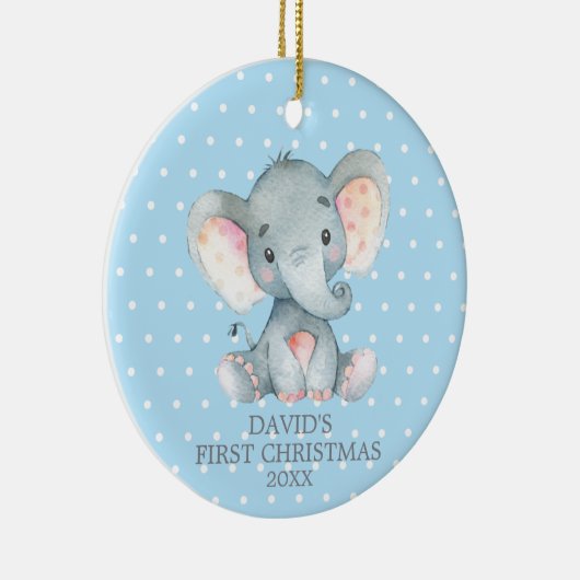 Niedlich Elephant Baby Boy First Christmas Blue Keramik Ornament (Rechts)