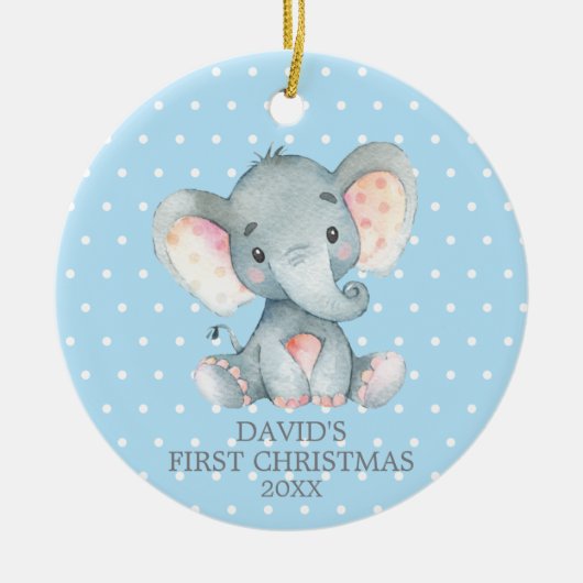 Niedlich Elephant Baby Boy First Christmas Blue Keramik Ornament (Vorne)