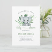 Niedlich Elephant Baby Boy Green Einladung (Stehend Vorderseite)