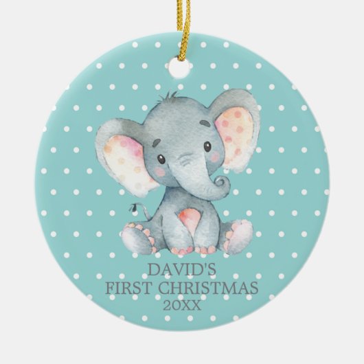 Niedlich Elephant Baby Erste Weihnachten Aquamarin Keramik Ornament (Vorne)