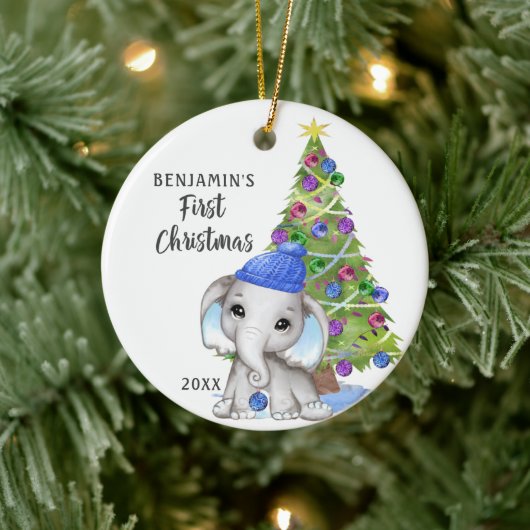Niedlich Elephant Baby First Christmas Boy Foto Keramik Ornament (Baum)