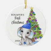 Niedlich Elephant Baby First Christmas Boy Foto Keramik Ornament (Vorne)