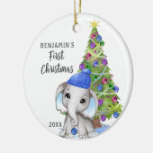 Niedlich Elephant Baby First Christmas Boy Foto Keramik Ornament (Links)