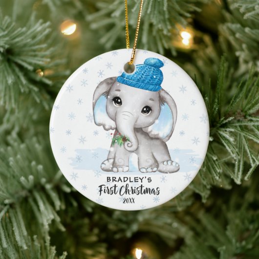 Niedlich Elephant Baby First Christmas Boy Foto Na Keramik Ornament (Baum)