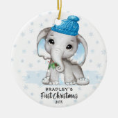 Niedlich Elephant Baby First Christmas Boy Foto Na Keramik Ornament (Vorne)