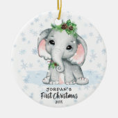 Niedlich Elephant Baby First Christmas Foto Name Keramik Ornament (Vorne)