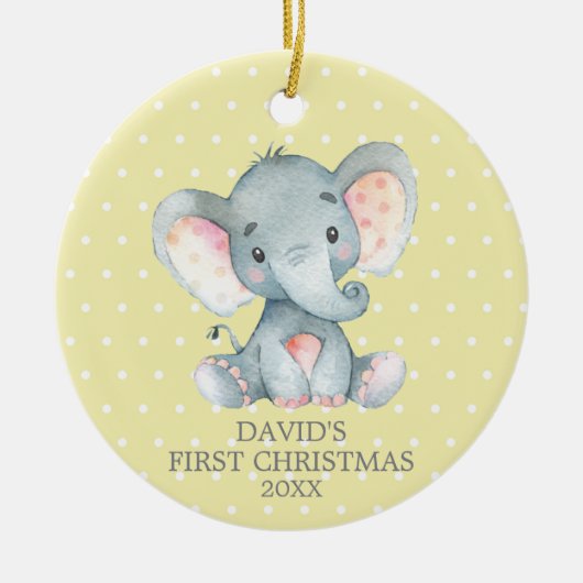 Niedlich Elephant Baby First Christmas Gelb und Gr Keramik Ornament (Vorne)