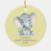 Niedlich Elephant Baby First Christmas Gelb und Gr Keramik Ornament (Hinten)