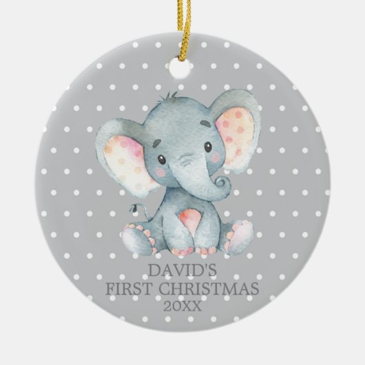 Niedlich Elephant Baby First Christmas Grau Keramik Ornament (Vorne)