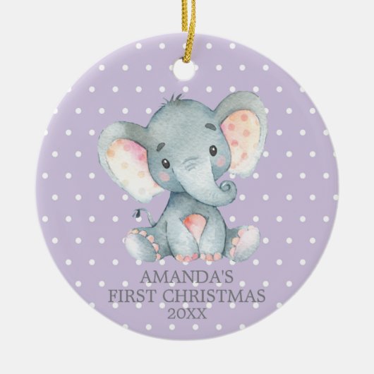 Niedlich Elephant Baby Girl Erste Weihnacht Lila Keramik Ornament (Vorne)