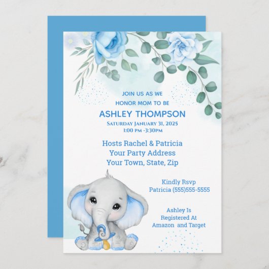 Niedlich Elephant Baby Shower Boy Blue Floral Einladung (Vorne/Hinten)