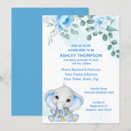Niedlich Elephant Baby Shower Boy Blue Floral Einladung