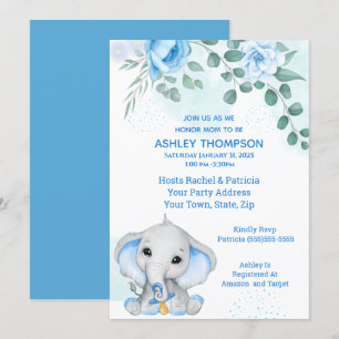 Niedlich Elephant Baby Shower Boy Blue Floral Einladung