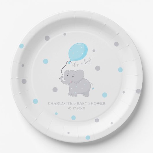 Niedlich Elephant Baby Shower Boy Pappteller (Vorderseite)