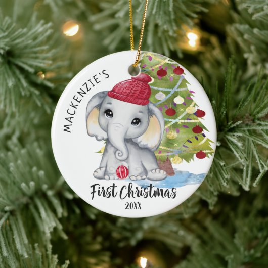 Niedlich Elephant Baby's First Christmas Personali Keramik Ornament (Baum)