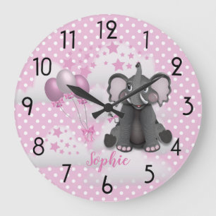 Niedlich Elephant Balloons Baby Girl Pink Kinderzi Große Wanduhr