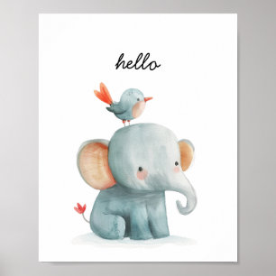 Niedlich Elephant Bird Hello Watercolor Kinderzimm Poster