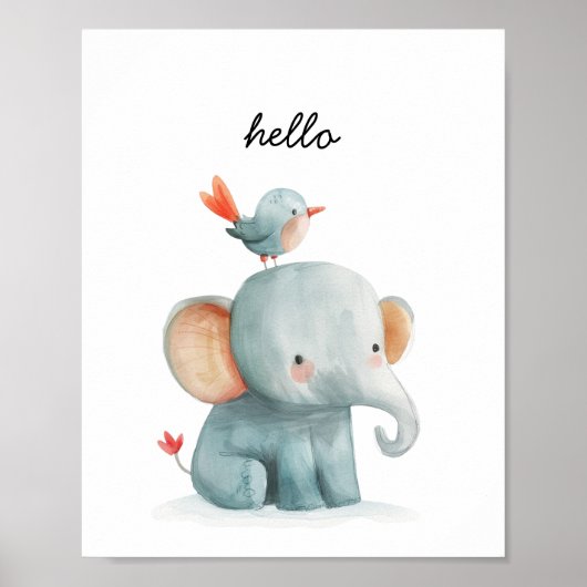 Niedlich Elephant Bird Hello Watercolor Kinderzimm Poster (Vorne)