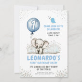 Niedlich Elephant Blue Balloon 1. Geburtstag Einladung (Vorderseite)