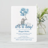 Niedlich Elephant Blue Baloons Es ist eine Baby-Du Einladung (Stehend Vorderseite)